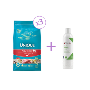 3x Unique Orta ve İri Irk Yetişkin Köpek Maması Kuzu Etli 3 kg Theravet Kedi ve 1x Köpek Şampuanı 200 ml