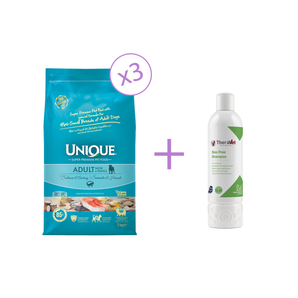 3x Unique Mini ve Küçük Irk Yetişkin Köpek Maması Somonlu&Hamsili 3 kg Theravet Kedi ve 1x Köpek Şampuanı 200 ml