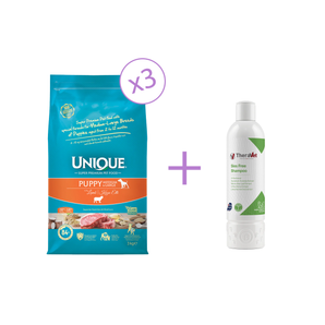 3x Unique Orta ve İri Irk Yavru Köpek Maması Kuzu Etli 3 kg Theravet Kedi ve 1x Köpek Şampuanı 200 ml