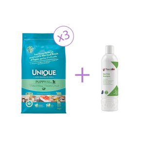 3x Unique Mini ve Küçük Irk Yavru Köpek Maması Somonlu&Hamsili 3 kg Theravet Kedi ve 1x Köpek Şampuanı 200 ml